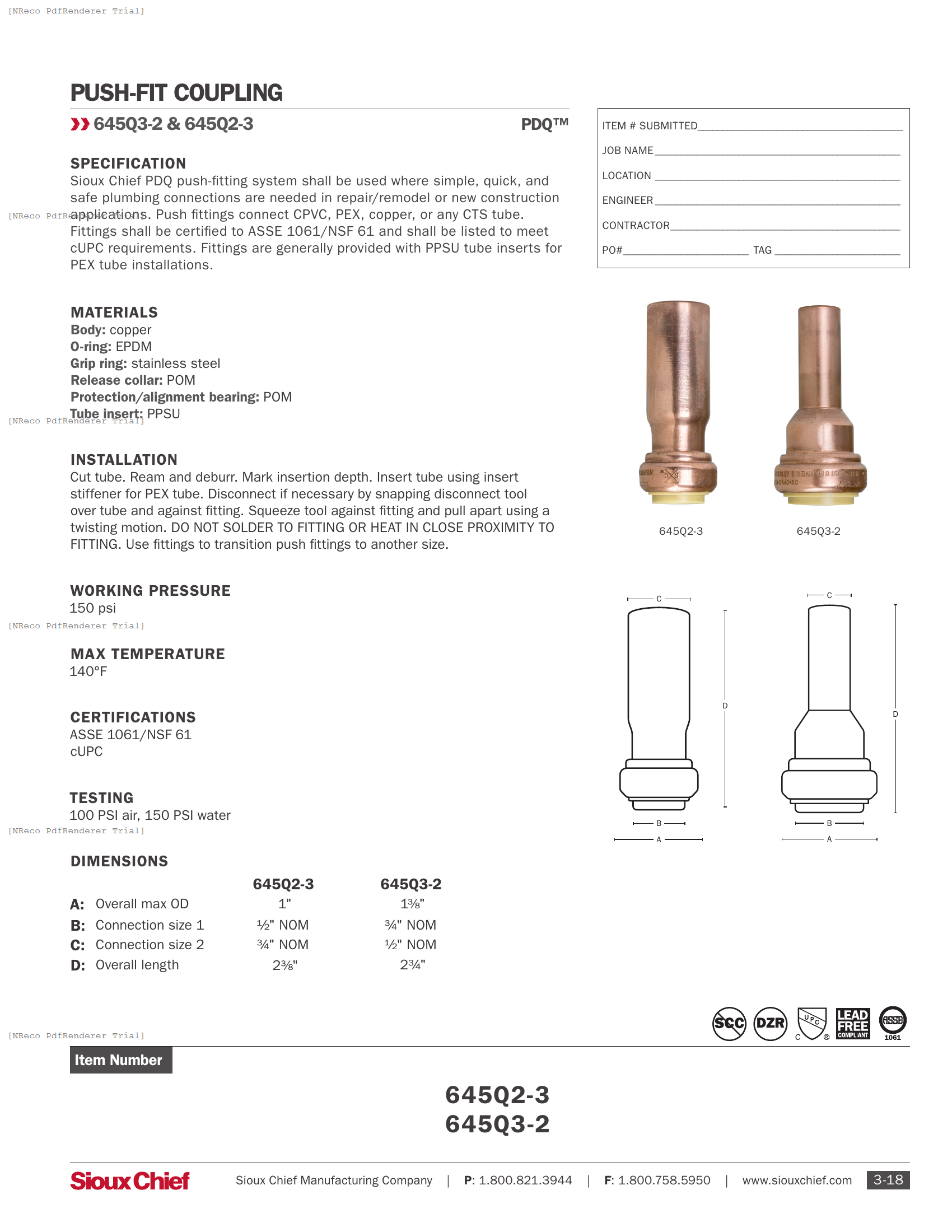 645Q SERIES - COPPER PDQ ADAPTERS - SPEC SHEET.PDF Specification Document